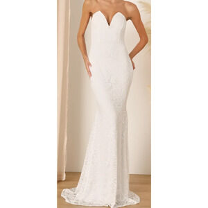 LULU'S XS Passionate Charisma White Lace Strapless Mermaid Bridal Maxi Dress 0B1